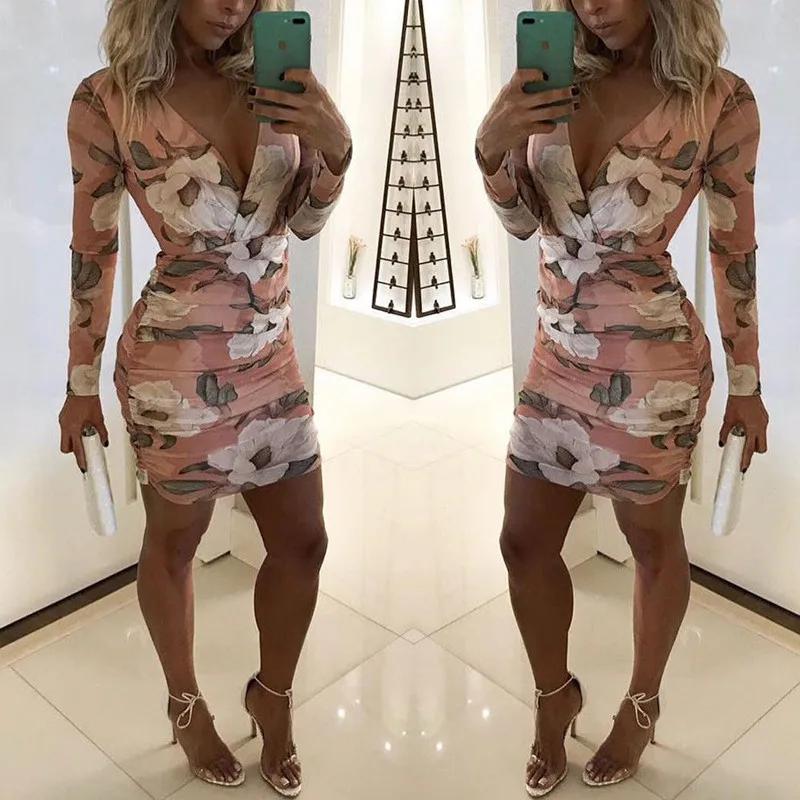 

Summer Dress 2018 Women Casual Beach Short Dress V Neck Floral Long Sleeve Mini Dress Sexy Party Dresses Vestidos S-XXL