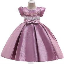 Новинка года; летнее платье с короткими рукавами для девочек кружевное детское платье принцессы с бантом и бусинами платье-пачка с цветочным узором для девочек из саржевого жаккарда
