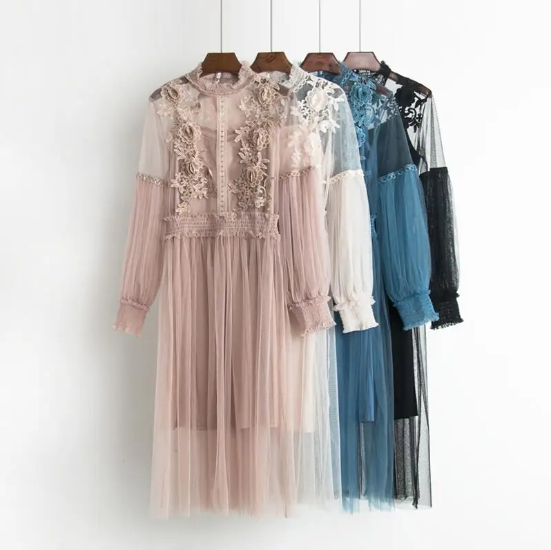 

New female flower sweet gauze pressure lace pleated one-piece dress waist women thin ceremonial dress two