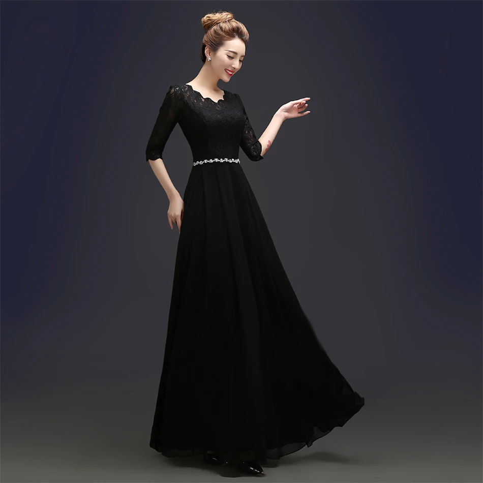 Aliexpress.com Comprar 2016 Por Encargo Elegante Negro Vestidos de Noche de Invierno Media Manga de Encaje Vestido De Festa Longo Robe De Soirée Largo de