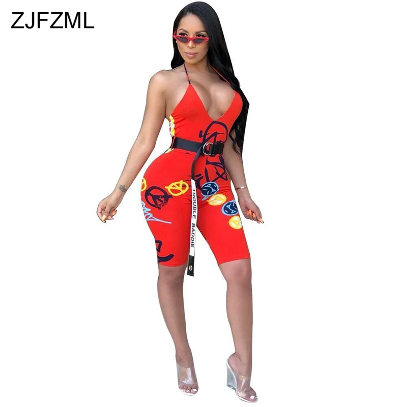 

ZJFZML Backless Halter Sexy Short Playsuit Women Deep V Neck Sleeveless One Piece Bodysuit Casual Off Shoulder Print Body Mujer