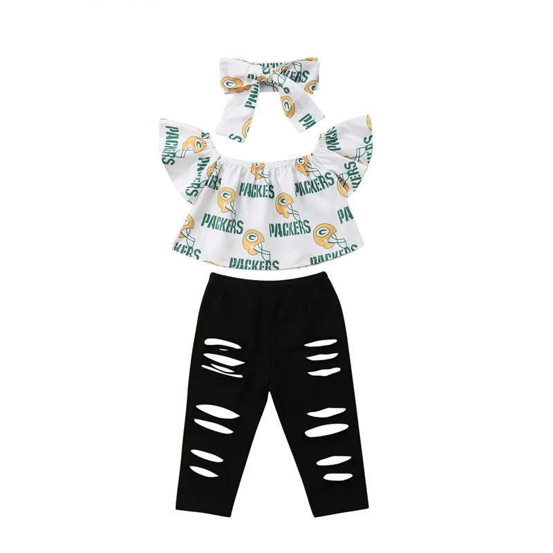 

Baby Kids Girls clothes Off Shoulder letter print pullover short sleeve Tops Hole solid Pants Bow Headband 3PCS cotton Outfits