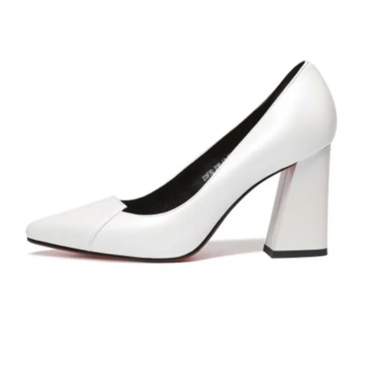 

2019 spring and autumn new single shoes thick with high-heeled pointed shallow mouth women's white 0418