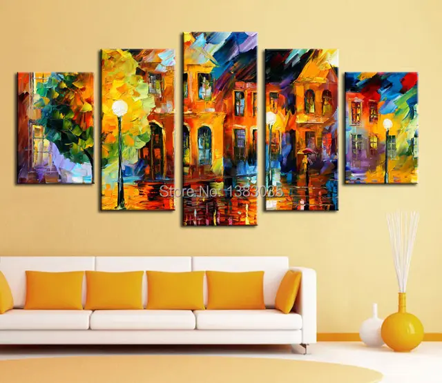 Hand Painted Night Street Landscape Oil Painting Modern Abstract 5 Hand Painted Night Street Landscape Oil Painting Modern Abstract 5 Piece Canvas Wall Art Set Living