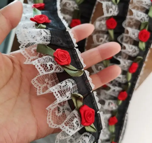 5 см в ширину 3D Красная роза черный эластичный плиссированный шифон кружево вышивка ткань отделка ленты DIY швейная аппликация воротник гипюр поставка