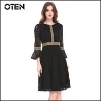 OTEN-Elegant-Women-3-4-sleeve-Flare-sleeve-Black-Lace-Patchwork-Casual-A-Line-party-dress