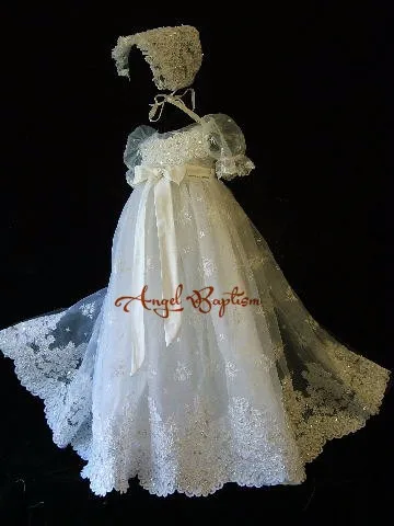 Best price at $112 Cheap Embroidery Beaded Christening Gown Baby Dresses Newborn Outfit White/Ivory Custom Made Lace Baptism Robe With Bonnet