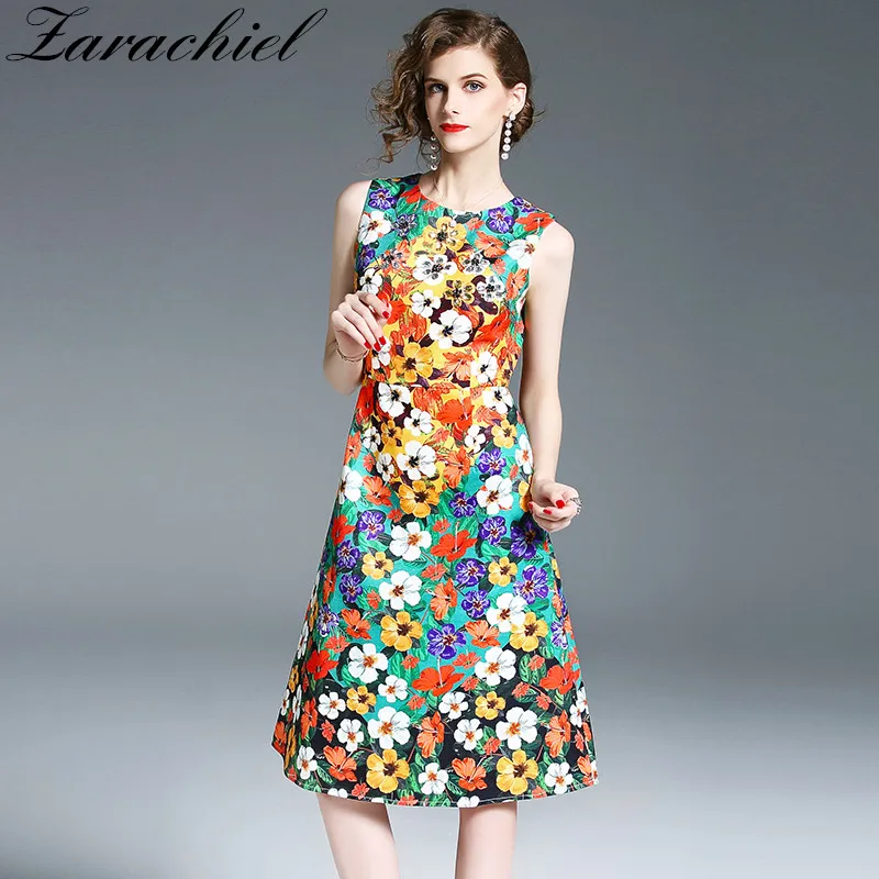 

Newest 2019 Designer Runway Dress Women's Sleeveless Retro Floral Printed Flower Jacquard Tank Dress Ladies Summer Party Dress