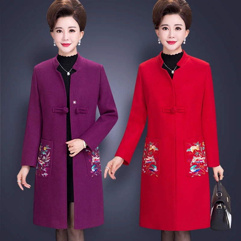 À Mandarin Mode Veste Style Chinois Mince rouge Manches Longues Femelle Manteau Col D'hiver De Laine Feminino pourpre Femmes Noir Pardessus BB8xnWq