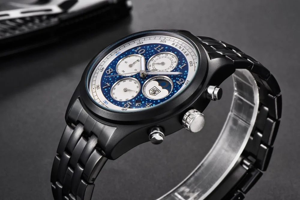 BENYAR Бизнес Мужские часы Moon Phase кожа кварцевые часы с хронографом спортивные военные водонепроницаемые мужские наручные часы