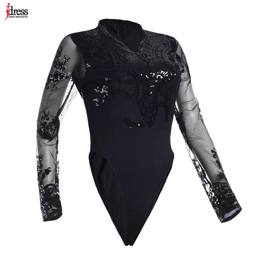 IDress 2018 Sexy Bodysuit Women Long Sleeve Mesh Bodysuit Beachwear Top V Neck Lace Sequined Bodysuit Rompers Women`s Jumpsuit (20)