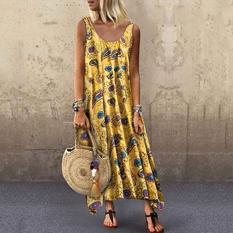 NEW Women Plus Size Boho Dress O-Neck Floral Print Vintage Sleeveless Long Maxi Dresses Woman Party Night Beach Dresses S-5XL