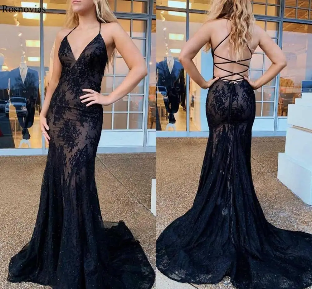 

Black Mermaid Evening Dresses 2019 Sexy Illusion V Neck Backless Sweep Train Lace Applique Beaded Prom Party Dresses Formal Gown
