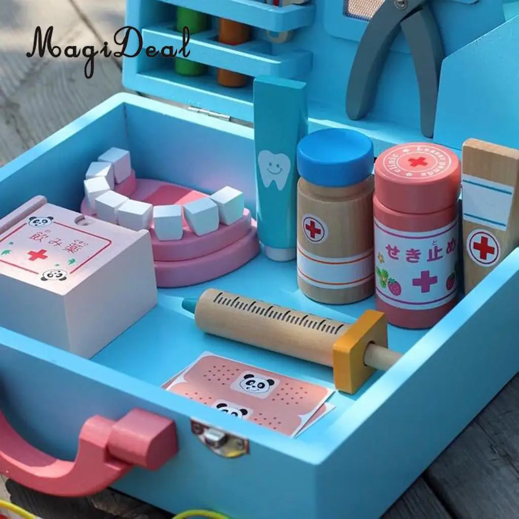 30PCS Wooden Medical Kits Box Tools Tablets Carry Case Doctor Nurse Pretend Role Playing Set Kids Educational Toy