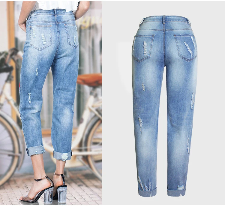 2018 Europe and the United States new women's elastic loose jeans female trousers color flowers 3D three-dimensional embroidered holes jeans have large size (4)