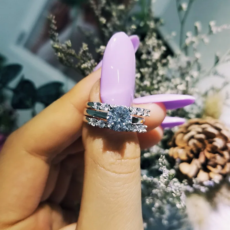 2019 new arrival 925 sterling silver 3 pieces wedding engagement ring sets for women finger fashion band personalized R4324