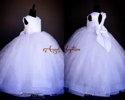 Белая крышка рукава юной подружки невесты бальный наряд пышные фатиновые Длинные Цветочные платья для девочек с Bling Блестки потрясающий