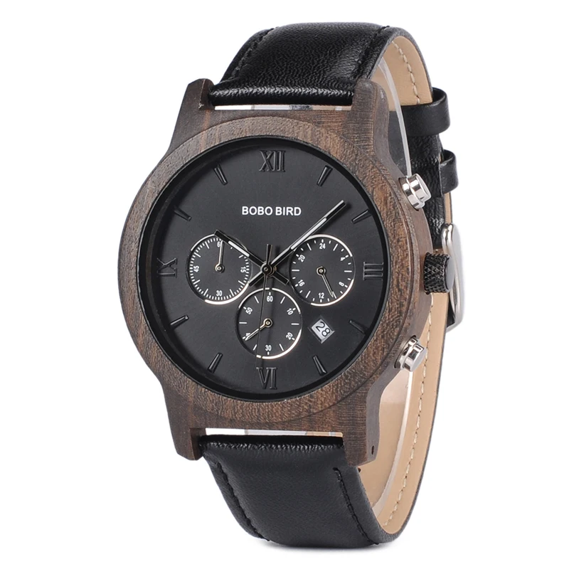 BOBO BIRD Luxury brand wooden Watches men Quartz reloj hombre leather wrist watch Stopwatch in wood box erkek kol saati