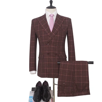 

NA55 New Arrive Wedding Suits Engagement Tuxedos Brown Plaid Male Suit Peak Lapel Customized Size Tailor Made