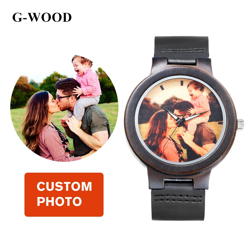 

Custom Photo Wood Couple Watch Black Leather Strap Clock Watches Lovers Night Green Wrist Watch Casual Antique Round Wood Watch