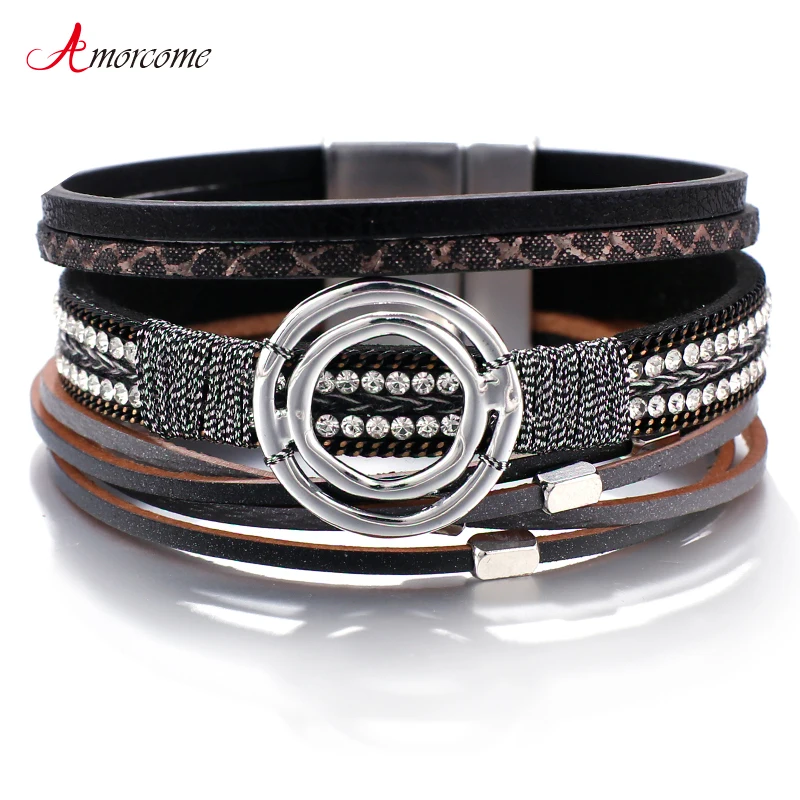 

Amorcome Leather Bracelets for Women 2019 Metal Cicle Charm Crystal Ladies Bohemian Wide Multilayer Wrap Bracelet Jewelry