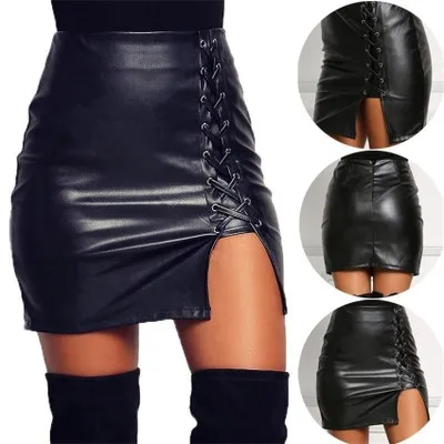 

New Pencil Skirt Women Black Bodycon Bandage Skirts Zipper Lace Up Split Side Slit Party Club Wear Pu Leather Skirt Women