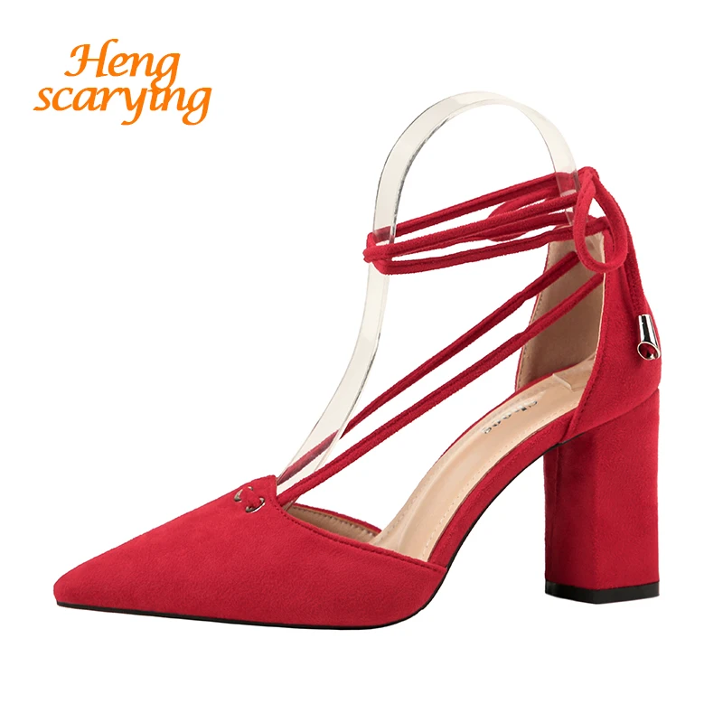 2018 verano elegante moda gruesa tacones altos Sandalias Mujer rojo tacones moda bombas señora Sexy fiesta punta puntiaguda zapato|Zapatos de de mujer| - AliExpress