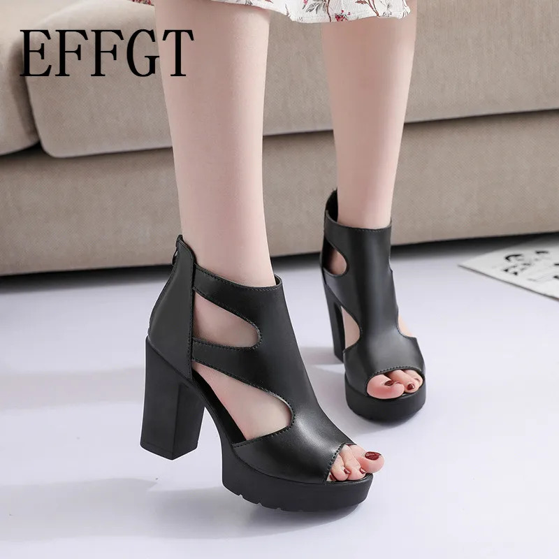 

EFFGT 2019 Women Sandals Fashion High Heel Zipper Women Shoes Leather Gladiator casual Sandals Summer roman open-toe Sandalias