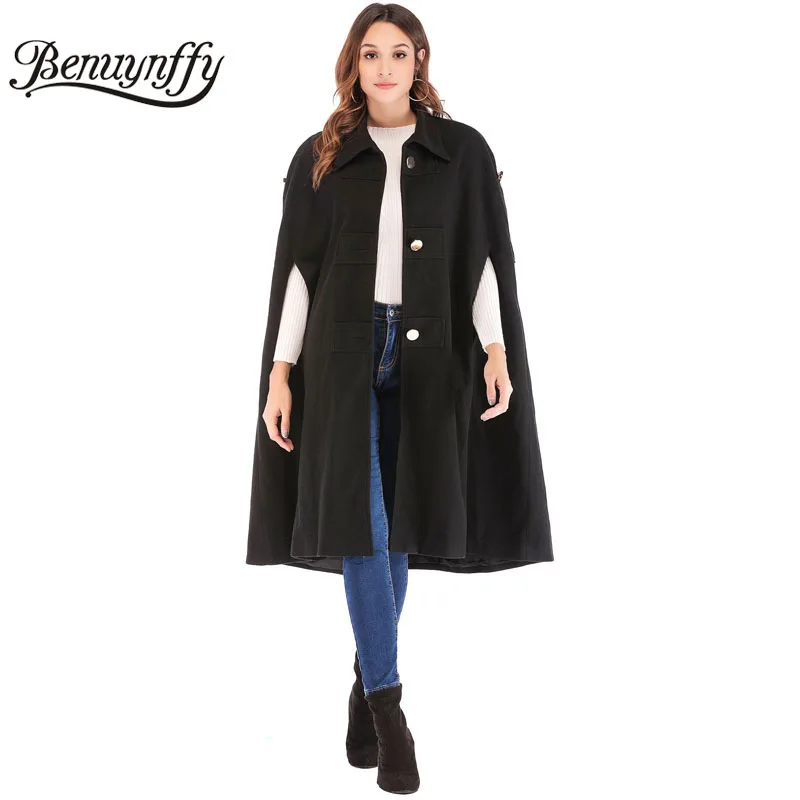 Benuynffy, женская накидка, рукав, до колена, накидка, пальто, Осень-зима, женское черное шерстяное пальто, Highstreet, длинное пальто, верхняя одежда