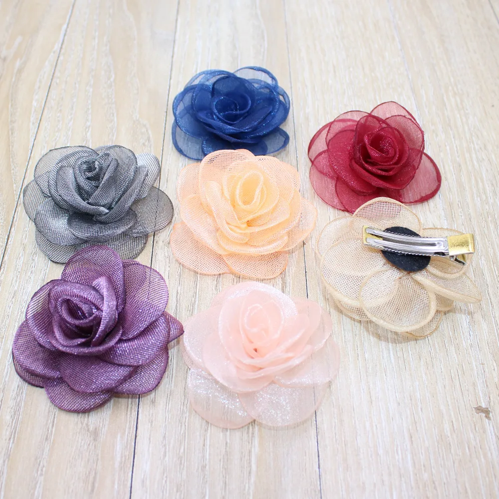 

2Ps/lot 7Colors Bright Blooming Roses Flower Hair Clip Grid Hairpin Girl Headdress Kid Hair Accessories
