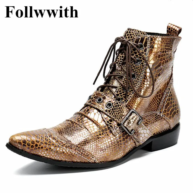 

2019 Follwwith Punk Style Snakeskin Leather Men Ankle Boots Pointed Toe Lace Up Zipper Men Shoes High Top Strap Cool Men Shoes