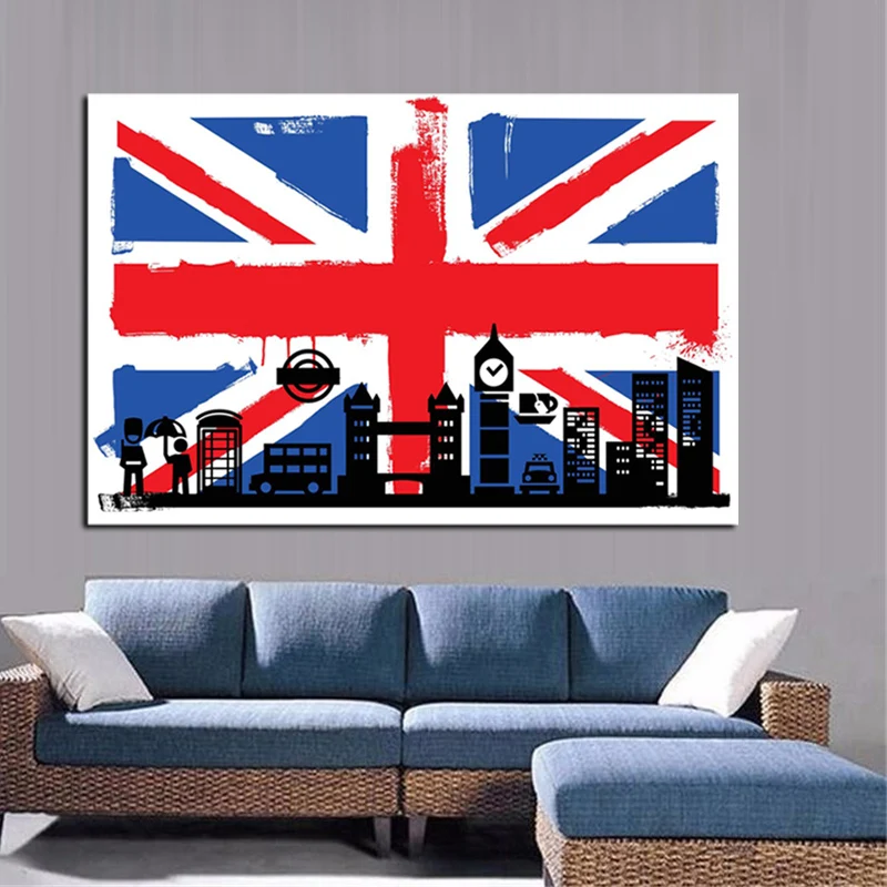 HD Print London Flag of British with Big Ben Abstract Oil Painting on Canvas Modern Wall Art Picture for Living Room Sofa Poster (3)