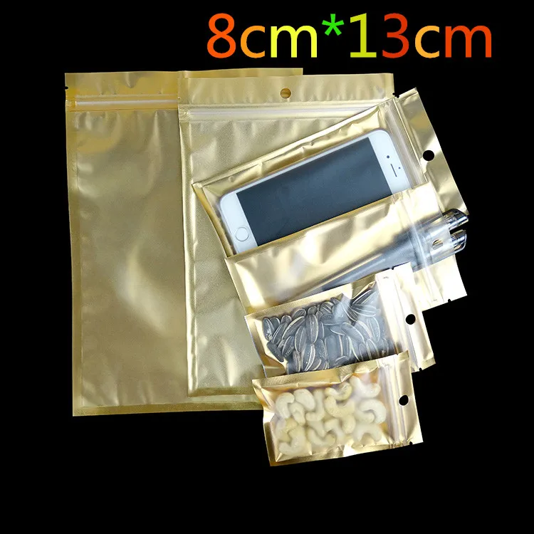 

8*13cm Golden / Clear Self Sealed Zipper Plastic Retail Packaging Pack Bag Zip Lock Storage Bag Retail Package With Hang Hole