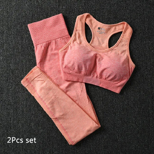 Бесшовный Женский комплект для йоги, одежда для спортзала, спортивный бюстгальтер+ леггинсы, тренировочный спортивный костюм из 2 предметов, Женская энергетическая Спортивная одежда для фитнеса, одежда для активного отдыха - Цвет: Orange 2Pcs Set