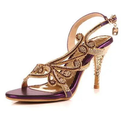 Г. Новые летние женские босоножки Обувь на необычном каблуке с кристаллами женские босоножки на высоком каблуке пикантные женские сандалии-гладиаторы с открытым носком - Цвет: purple 9cm