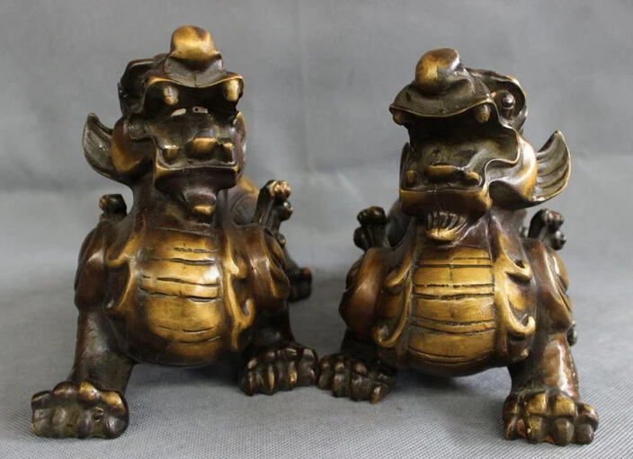 

bi002936 10" Chinese Bronze FengShui Wealth Foo Fu Dog Lion Unicorn PiXiu Statue Pair
