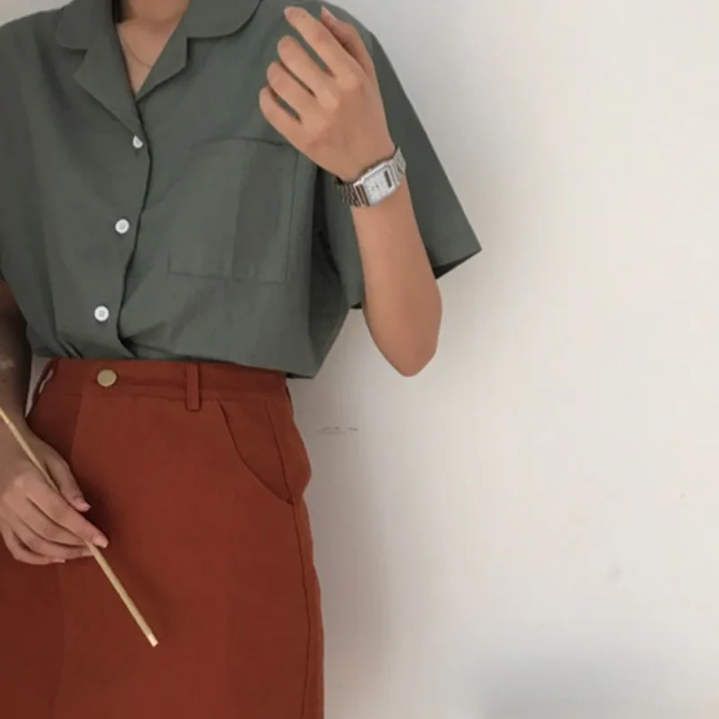 2019 النساء قميص عارضة Blusas الرجعية الصيف قصيرة الأكمام قميص فضفاض سترة