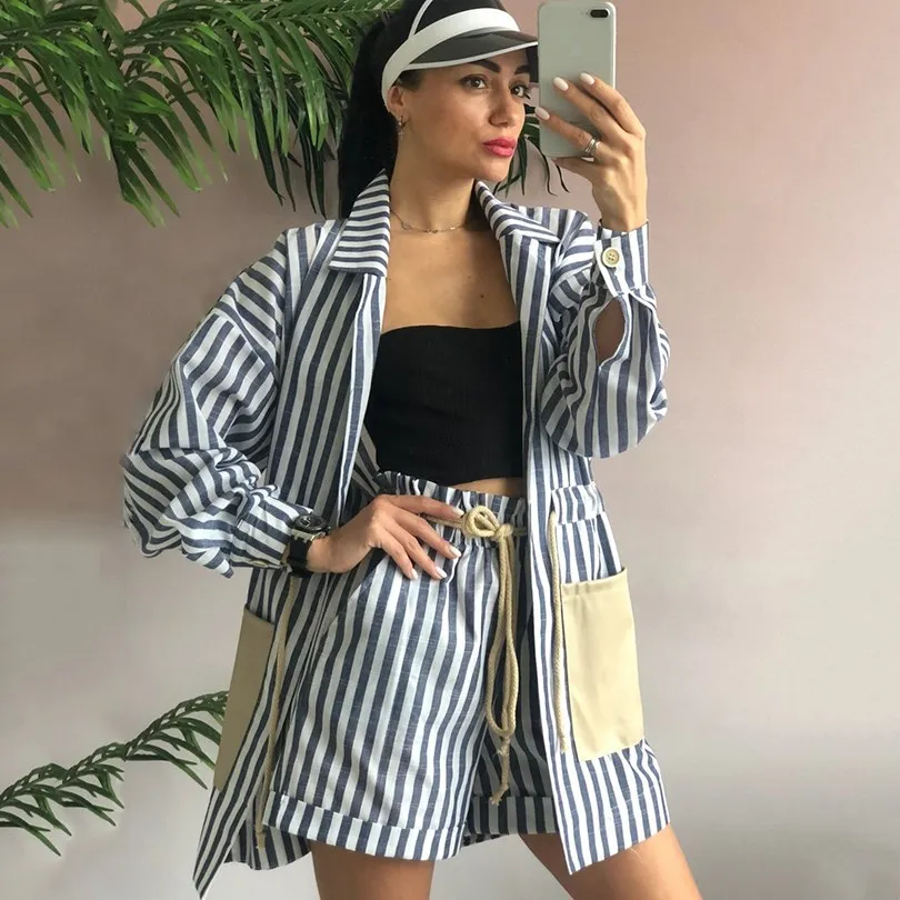 

Casual Women Big Pockets Suits Shorts Long Stripe Blazer Short Pants Two Piece Sets
