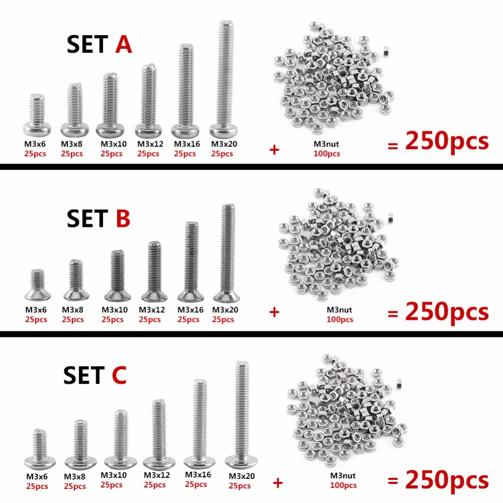 

250pcs/set M3 Screws Nuts Woodworking Tools Set 304 Stainless Steel Hex Socket Screws Bolt With Hex Nuts Fastener Hardware