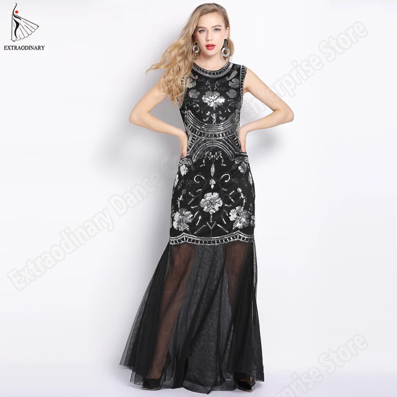 

New Women Vintage Great Gatsby 1920s Embroidery Floral Sequin Beaded Party Dress Flapper Banquet Art Deco Double O-Neck Costume