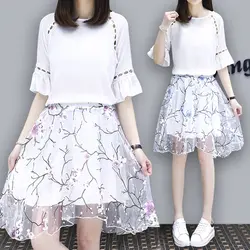 Новый стиль Белый Топы юбка с цветочным принтом комплект из двух предметов комплект 2018 летние пикантные половина рукава топ женские