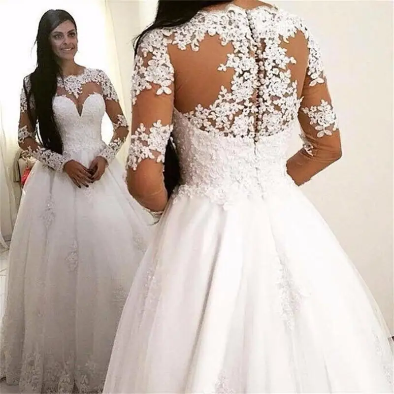 

Simple A Line Long Wedding Dresses 2019 New Long Sleeve Floor Length Lace Applique Illusion Wedding Party Gowns Bridal Dress