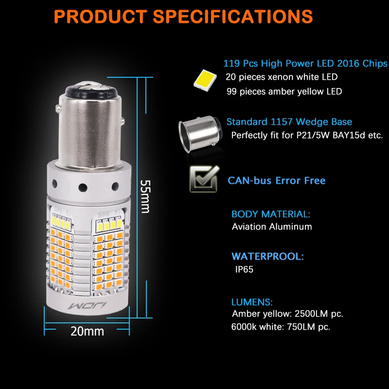 IJDM No Hyper Flash 21 Вт 1157 светодиодный светильник Canbus P21/5 Вт BAY15d светодиодный Белый/янтарный светодиодный светильник для дневных ходовых/указателей поворота