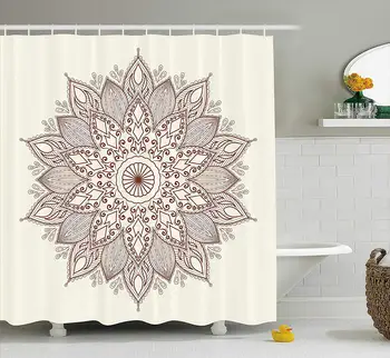 

Beige Shower Curtain Mandala Flower Ethnic Lace Circle Ornate Retro Eastern Universe Artistic Fabric Bathroom Decor with Hooks