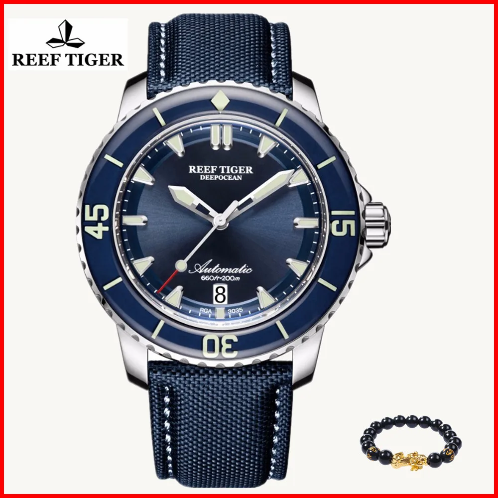 

Reef Tiger/RT Fashion Super Luminous Dive Watches Mens Blue Dial Analog Automatic sapphire Men Watches Nylon Strap RGA3035 BOX