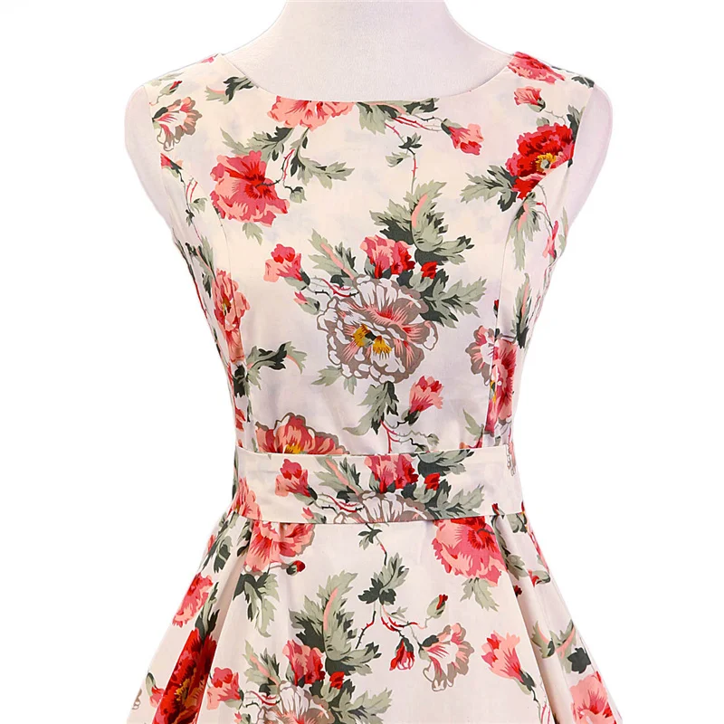 Kostlish Elegant Print Flower Summer Dress Women 2017 Big Swing 50s Vintage Dress Cotton Sleeveless Rockabilly Dresses Sundress (5)
