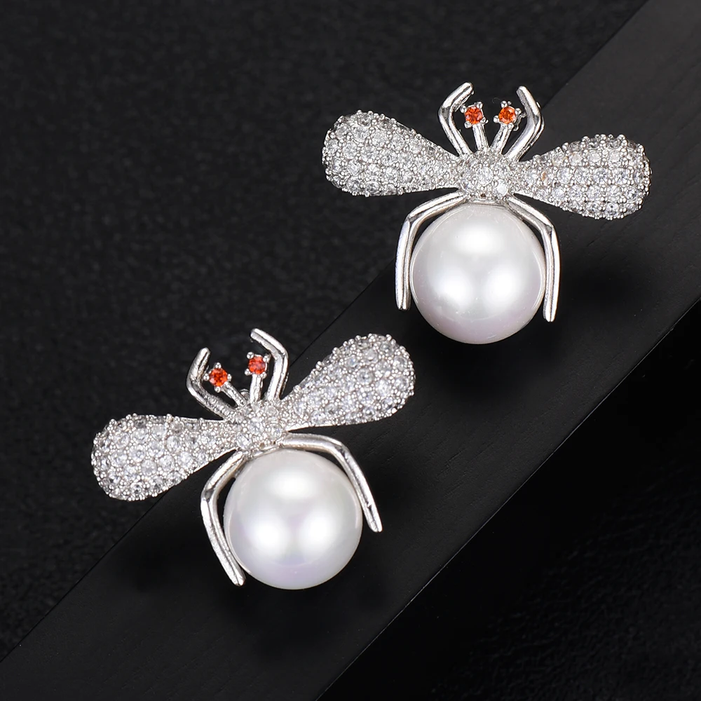 

GODKI 20MM Spider Insect Imitation Pearl Fashion Popular Luxury Iregular Geometry Earring Full Cubic Zirconia Pave Earring
