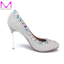 Silber Stiletto Weiße Perle Hochzeit Schuhe frauen Plateauschuhe Strass Dünne Fersen Brautschuhe Komfortable Partei Schuhe
