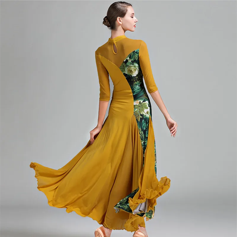 Floral Contrast Color Ballroom Dress Woman Waltz Dance Costume Spanish Flamenco Dress Fox Trot Party Ballroom Dance Clothing