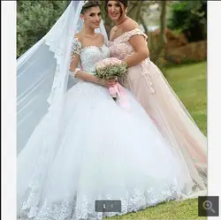 2017 мода бальное платье белого кружева принцесса рукава 3/4 свадебное платье из бисера блестками sexy милая шеи свадебные платья на продажу